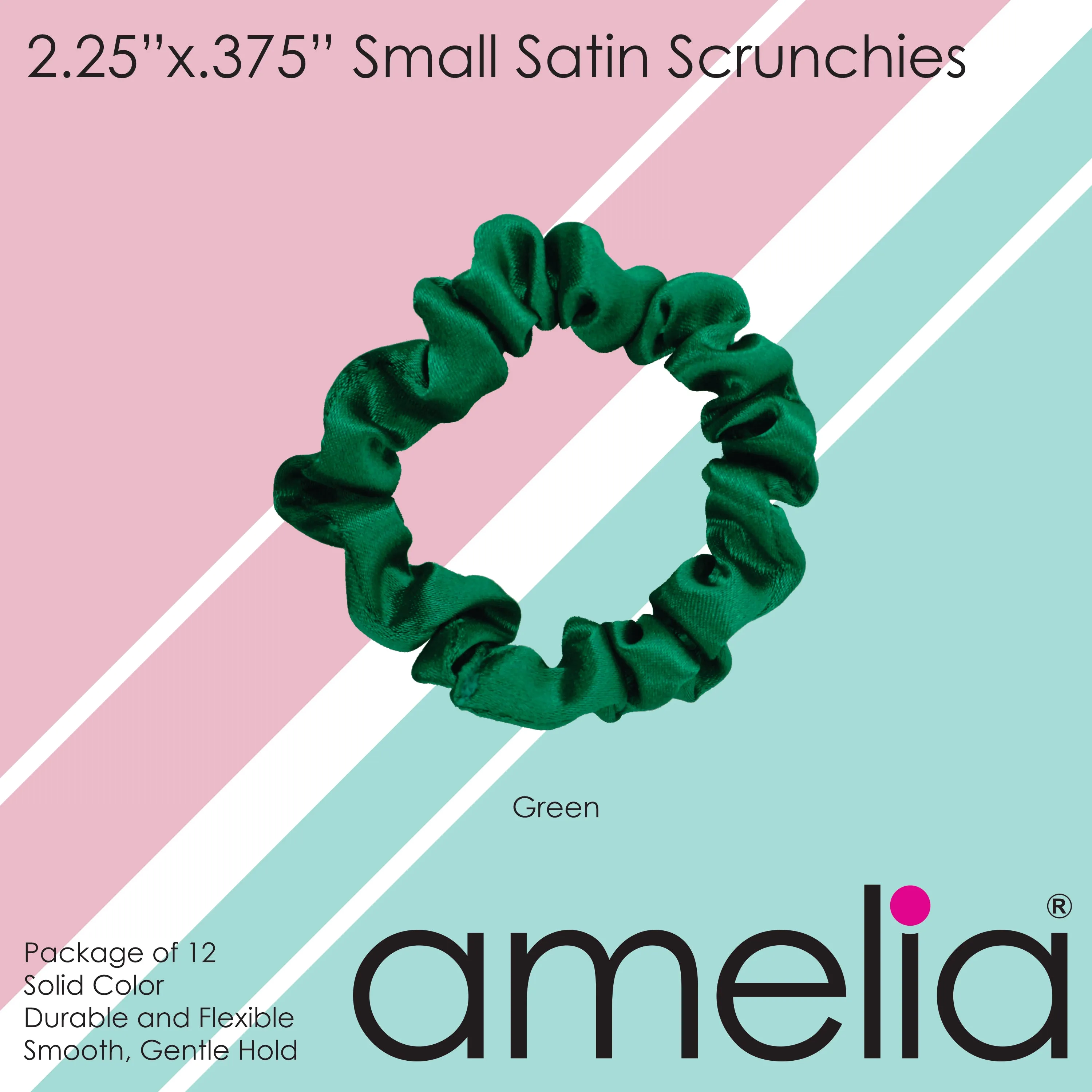Amelia Beauty, Green Satin Scrunchies, 2.25in Diameter, Gentle on Hair, Strong Hold, No Snag, No Dents or Creases. 12 Pack
