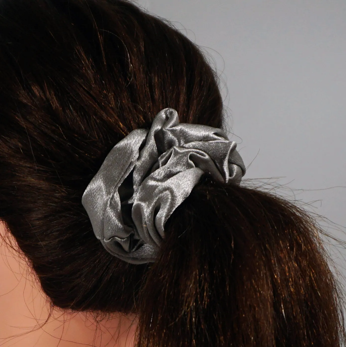 Amelia Beauty Products, Gray Imitation Silk Scrunchies, 4.5in Diameter, Gentle on Hair, Strong Hold, No Snag, No Dents or Creases. 6 Pack