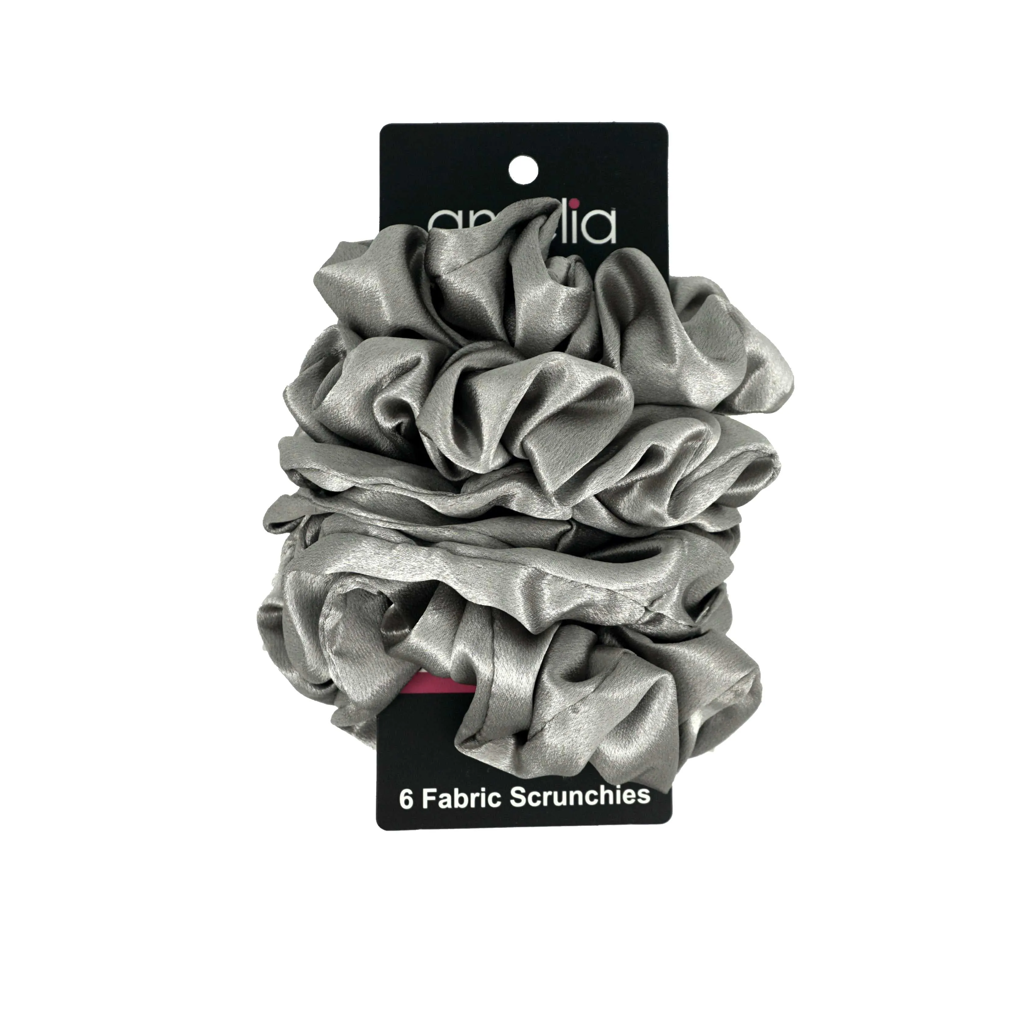 Amelia Beauty Products, Gray Imitation Silk Scrunchies, 4.5in Diameter, Gentle on Hair, Strong Hold, No Snag, No Dents or Creases. 6 Pack