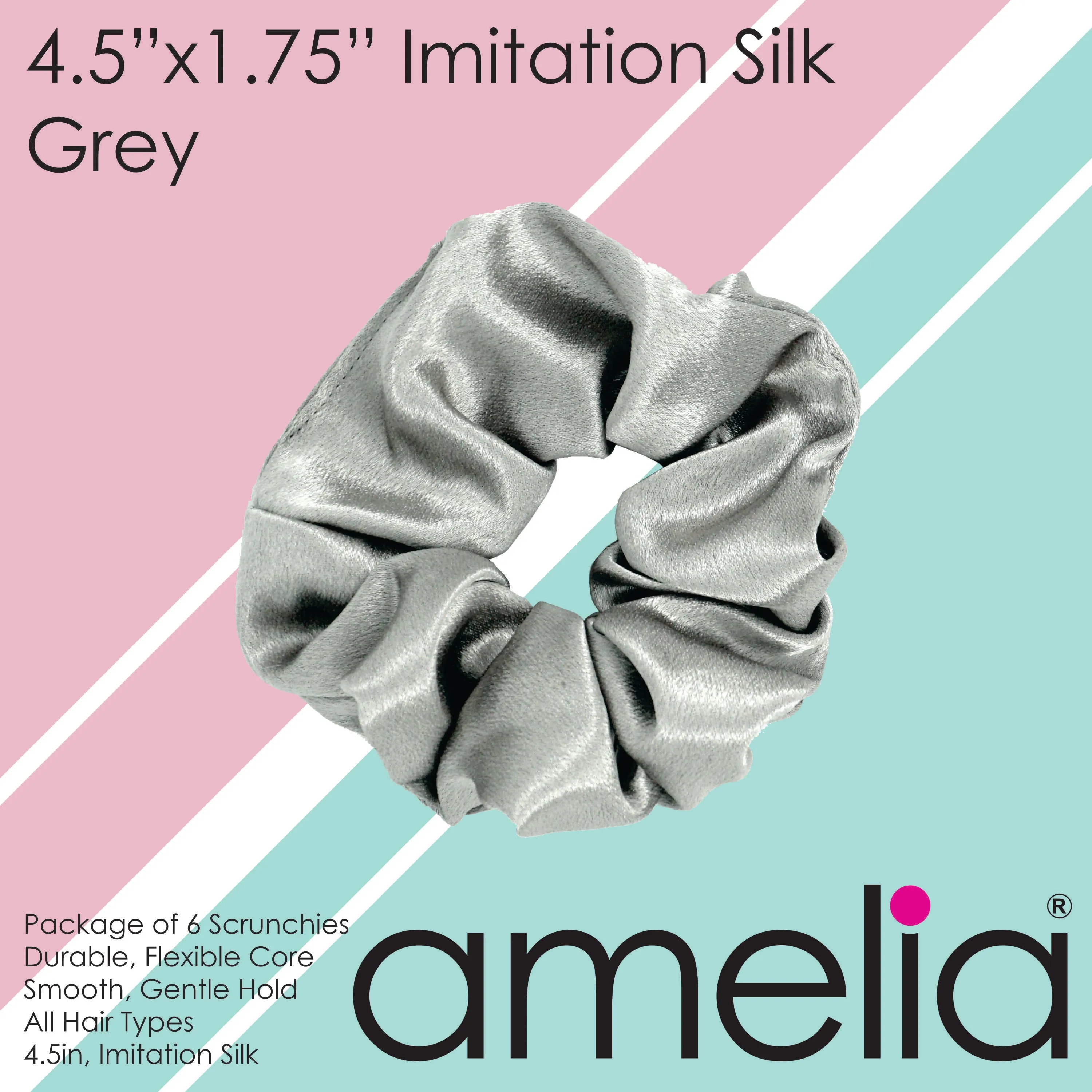 Amelia Beauty Products, Gray Imitation Silk Scrunchies, 4.5in Diameter, Gentle on Hair, Strong Hold, No Snag, No Dents or Creases. 6 Pack