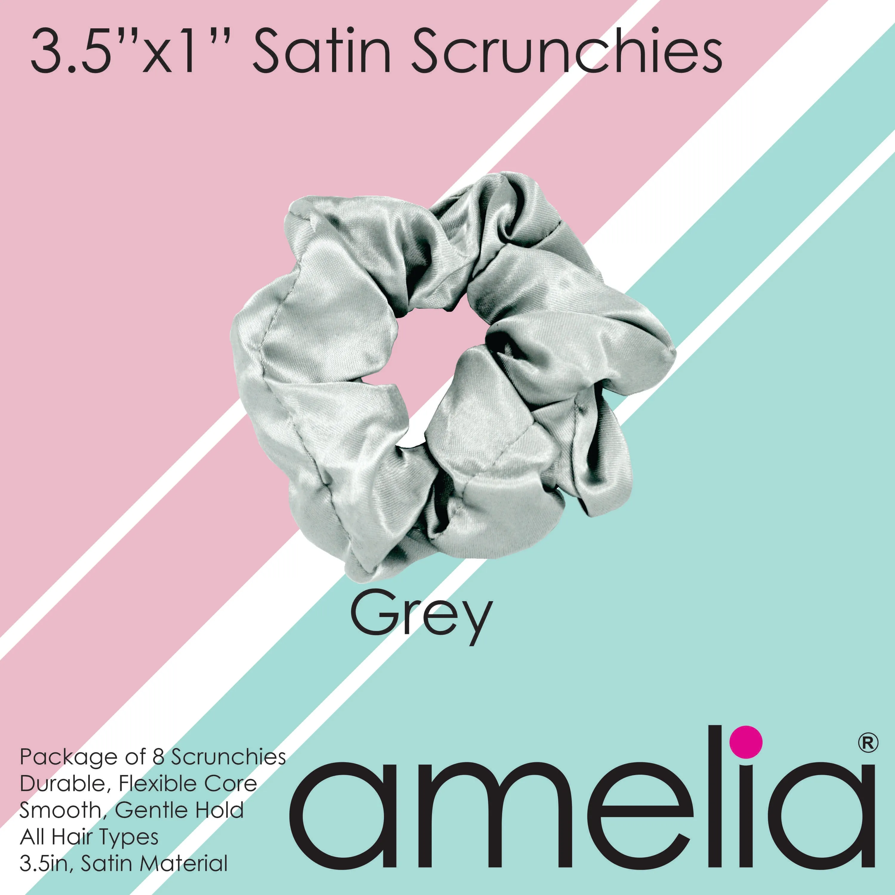 Amelia Beauty Products, Gray Satin Scrunchies, 3.5in Diameter, Gentle on Hair, Strong Hold, No Snag, No Dents or Creases. 8 Pack