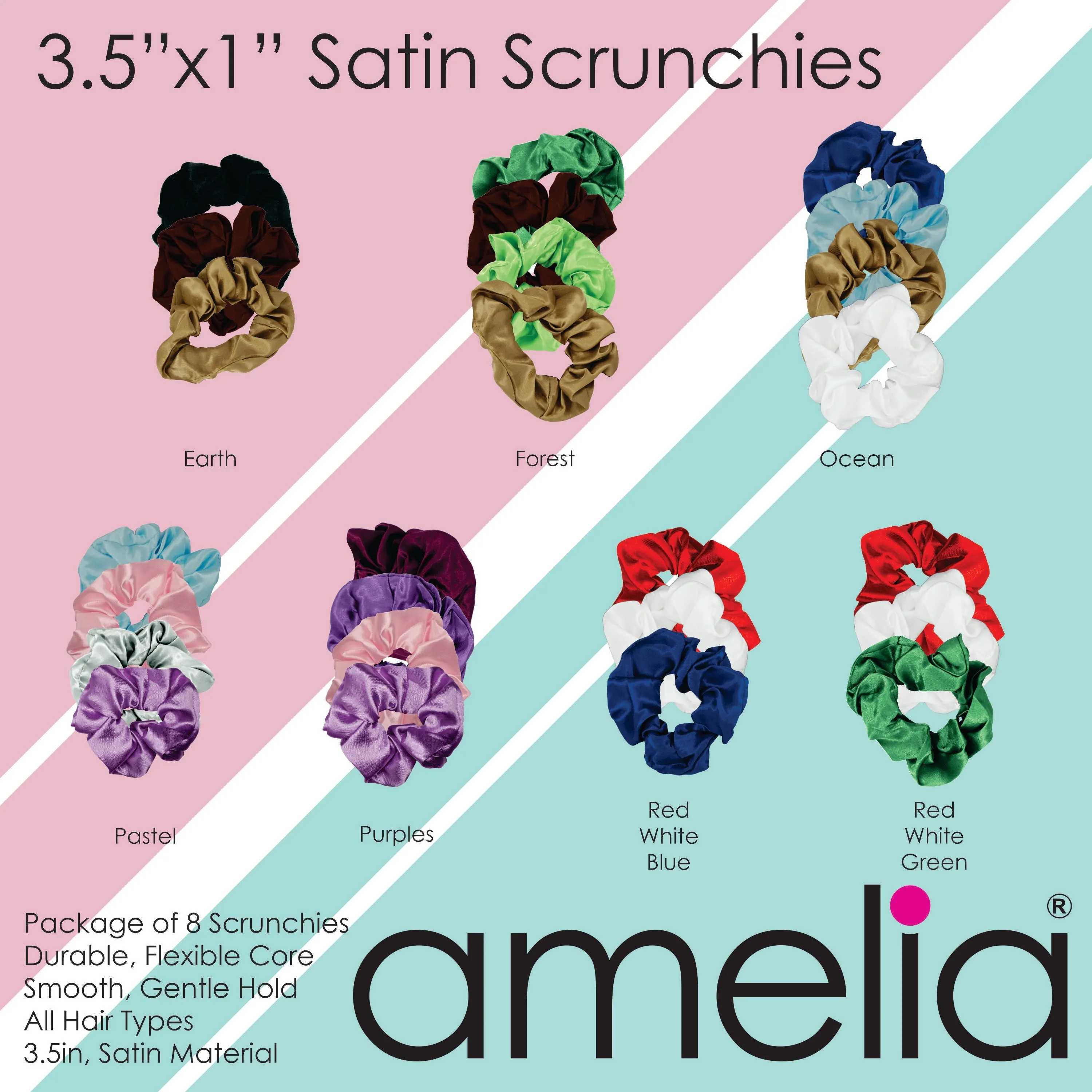 Amelia Beauty Products, Gray Satin Scrunchies, 3.5in Diameter, Gentle on Hair, Strong Hold, No Snag, No Dents or Creases. 8 Pack