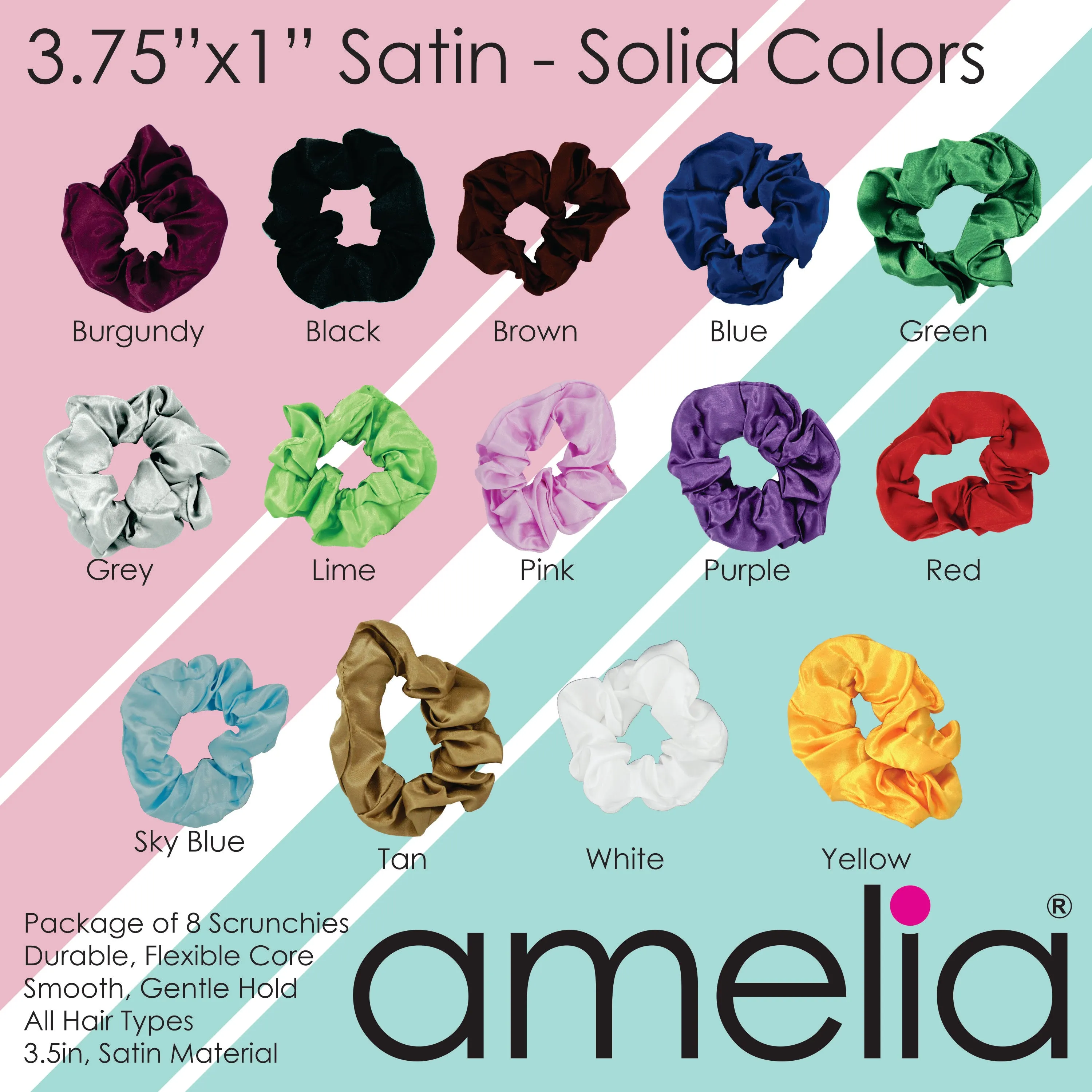 Amelia Beauty Products, Gray Satin Scrunchies, 3.5in Diameter, Gentle on Hair, Strong Hold, No Snag, No Dents or Creases. 8 Pack