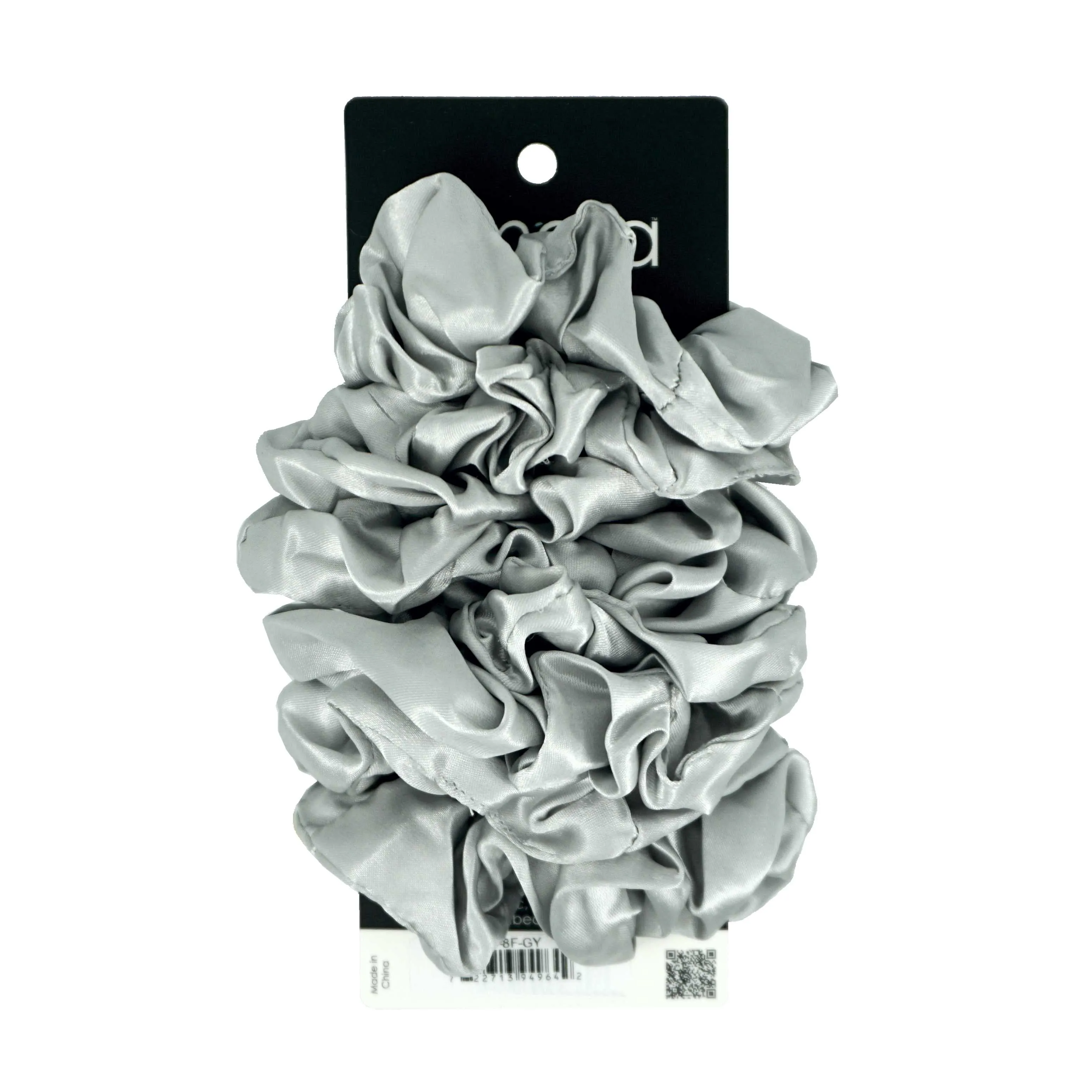 Amelia Beauty Products, Gray Satin Scrunchies, 3.5in Diameter, Gentle on Hair, Strong Hold, No Snag, No Dents or Creases. 8 Pack