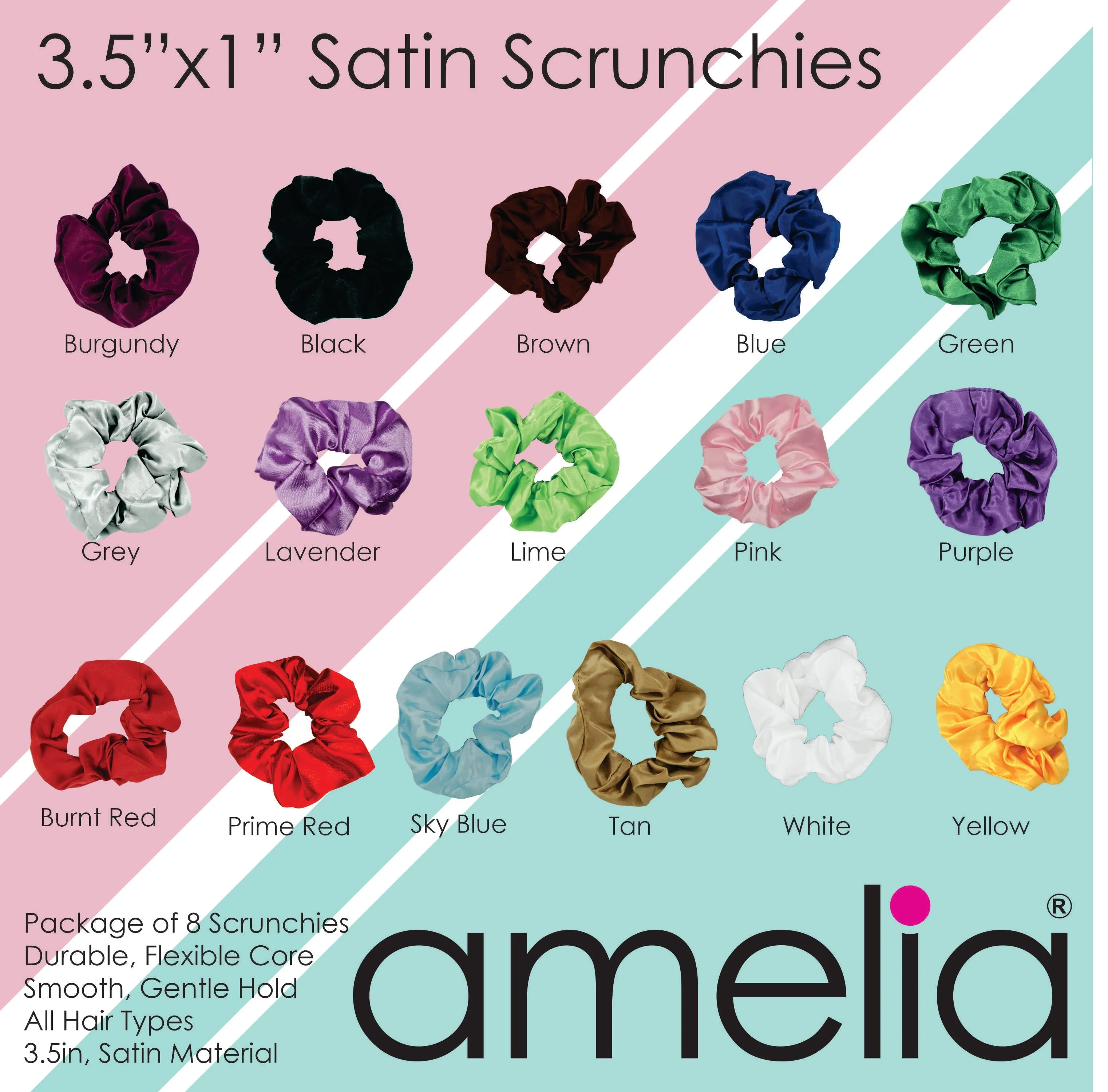 Amelia Beauty Products, Red, White and Green Satin Scrunchies, 3.5in Diameter, Gentle on Hair, Strong Hold, No Snag, No Dents or Creases. 8 Pack