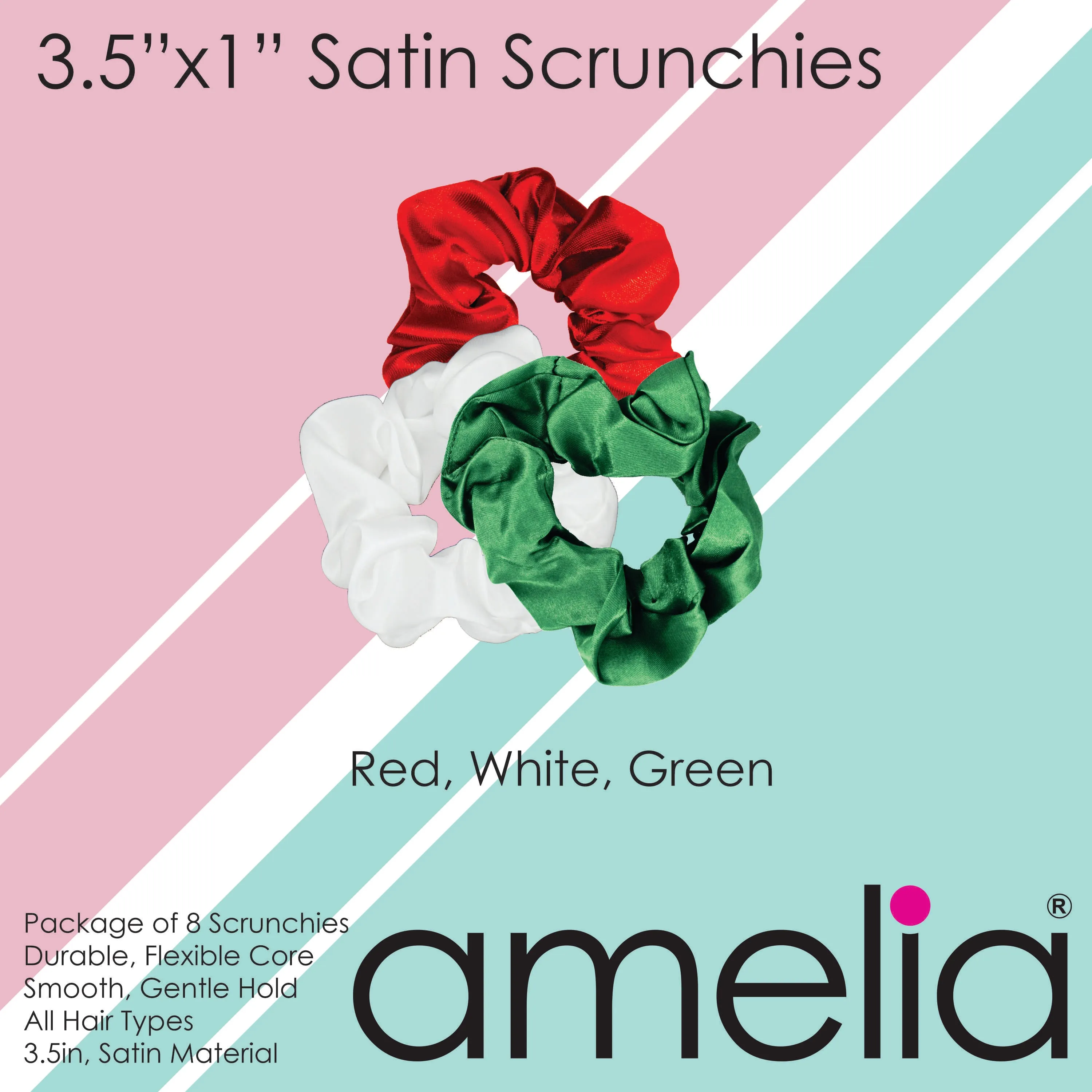 Amelia Beauty Products, Red, White and Green Satin Scrunchies, 3.5in Diameter, Gentle on Hair, Strong Hold, No Snag, No Dents or Creases. 8 Pack
