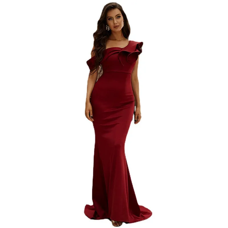 Asymmetrical Neck Ruffle Trim Party Dress