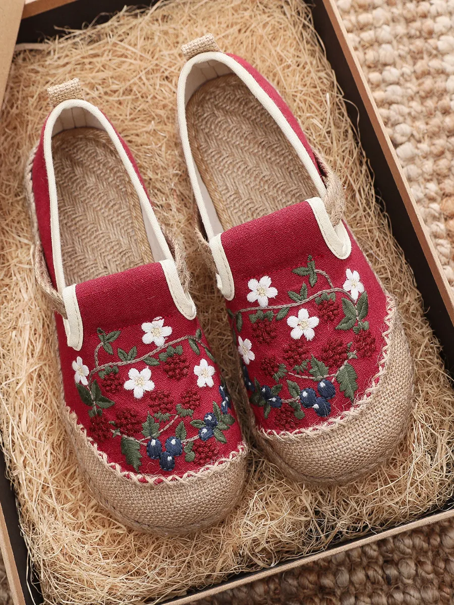 Berry Daisy Embroidered Linen Espadrille Loafers - Red