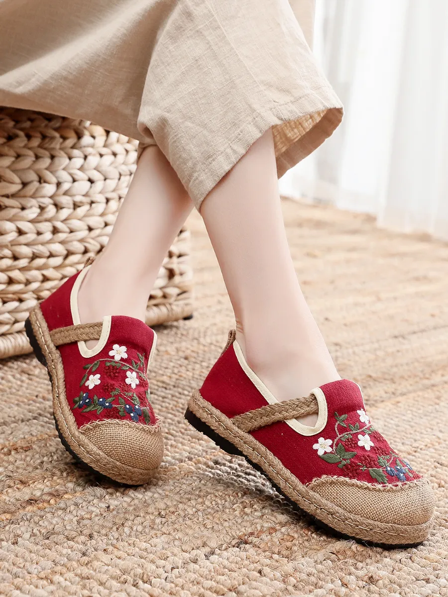 Berry Daisy Embroidered Linen Espadrille Loafers - Red