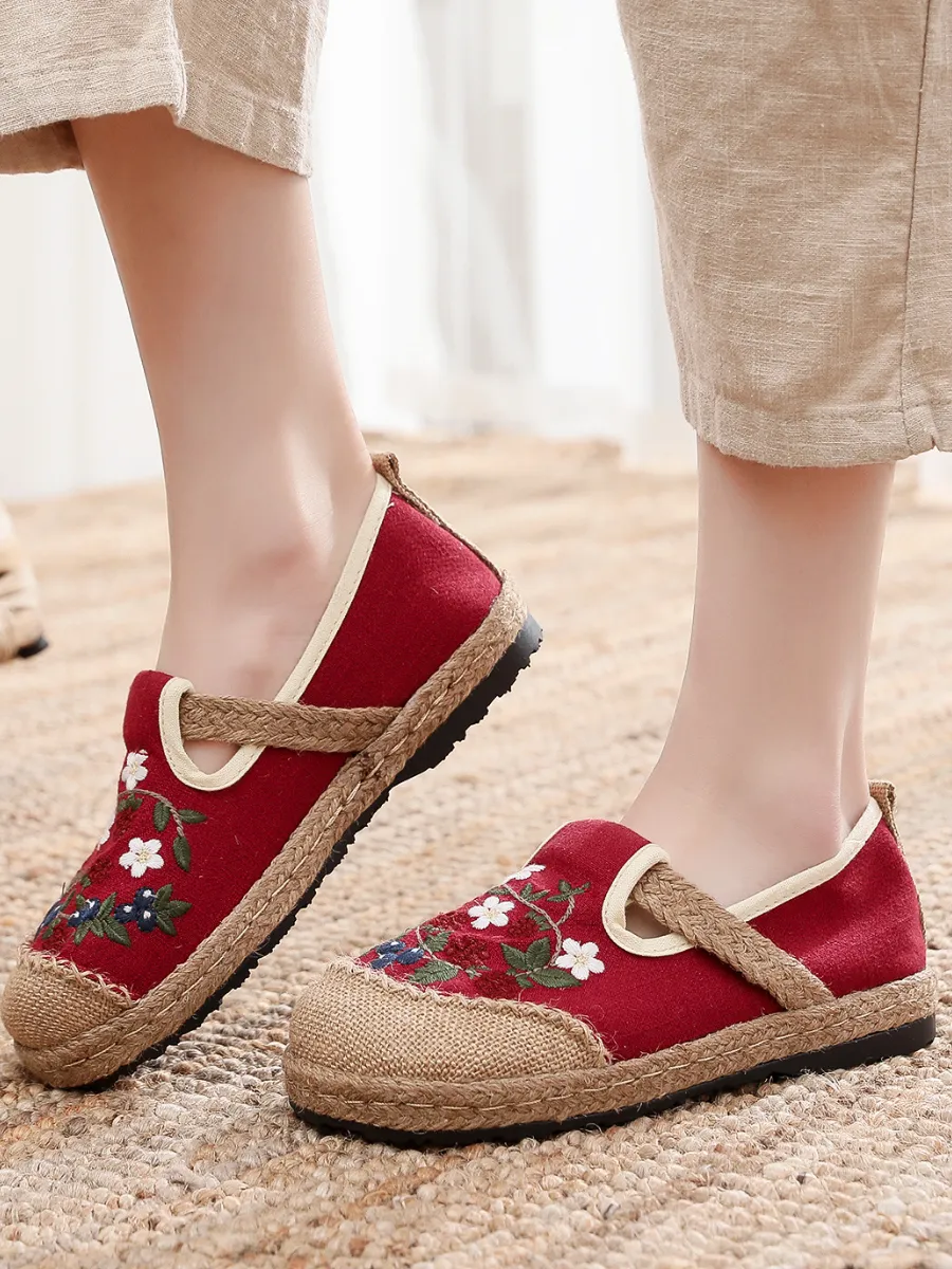 Berry Daisy Embroidered Linen Espadrille Loafers - Red