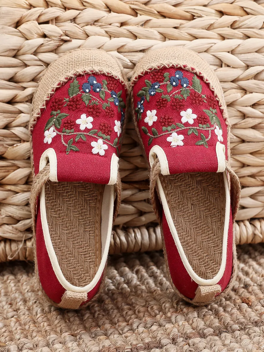 Berry Daisy Embroidered Linen Espadrille Loafers - Red