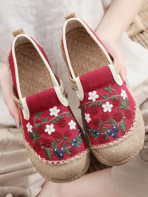 Berry Daisy Embroidered Linen Espadrille Loafers - Red