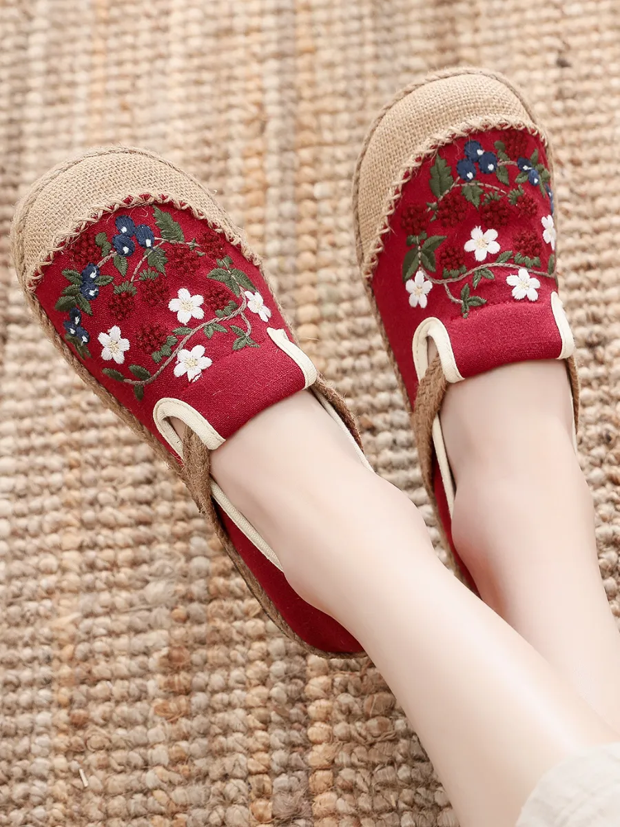 Berry Daisy Embroidered Linen Espadrille Loafers - Red