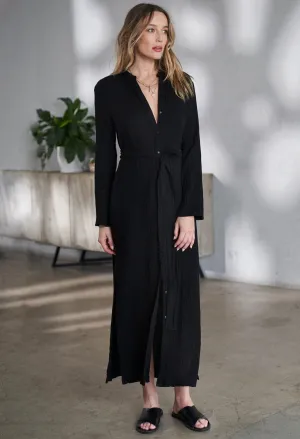 Black Button Front Belted Cotton Gauze Tunic Dress - Sale