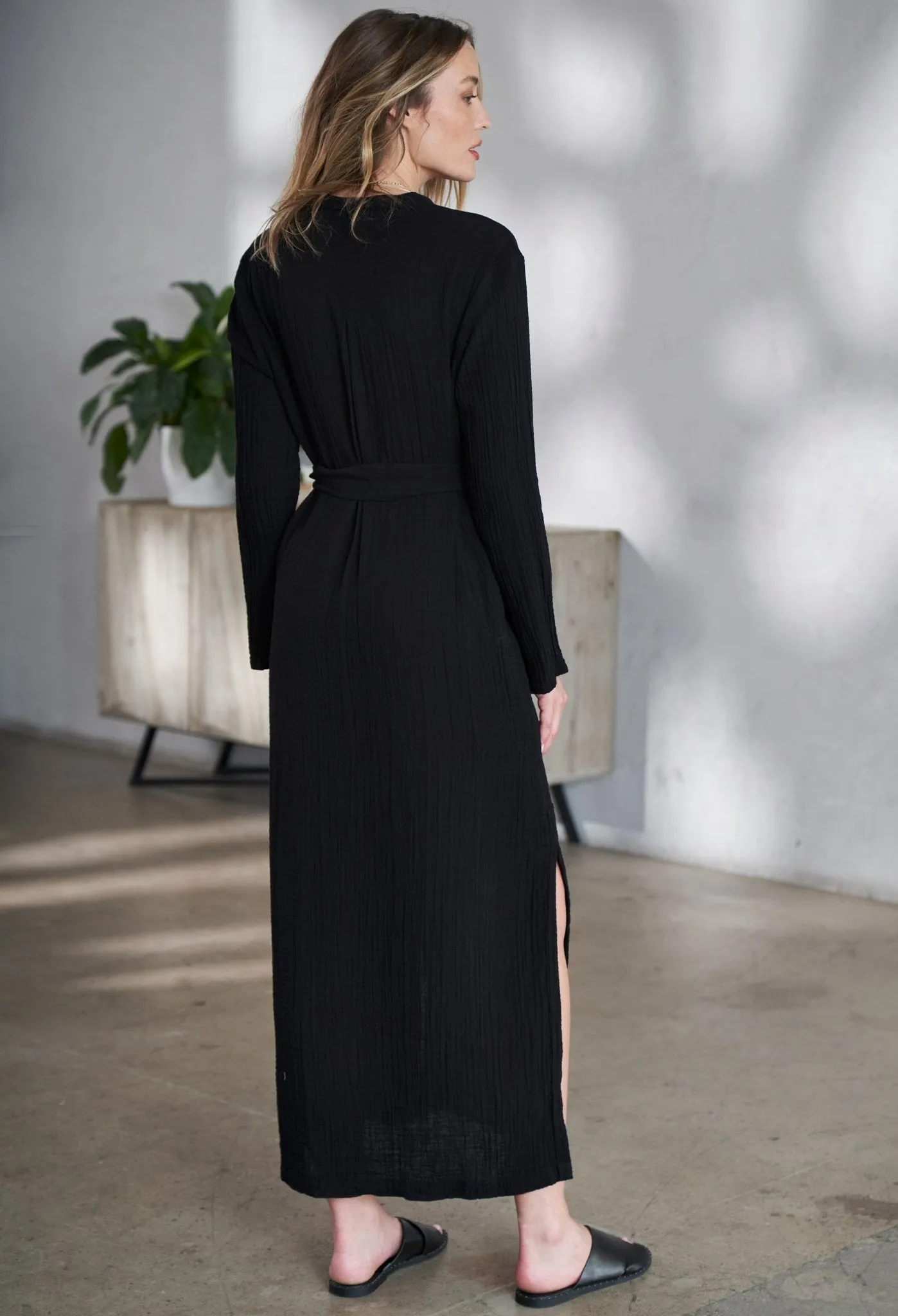 Black Button Front Belted Cotton Gauze Tunic Dress - Sale
