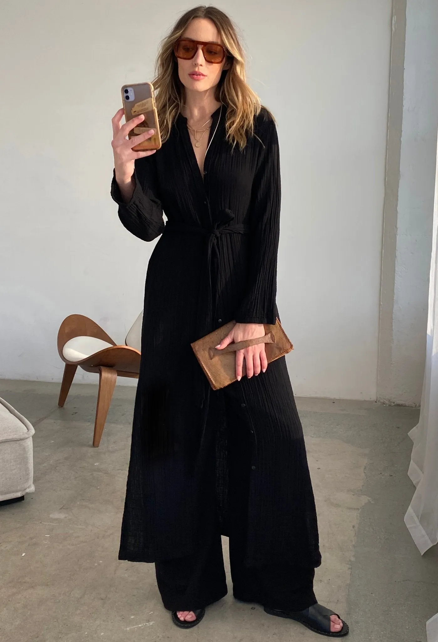 Black Button Front Belted Cotton Gauze Tunic Dress - Sale