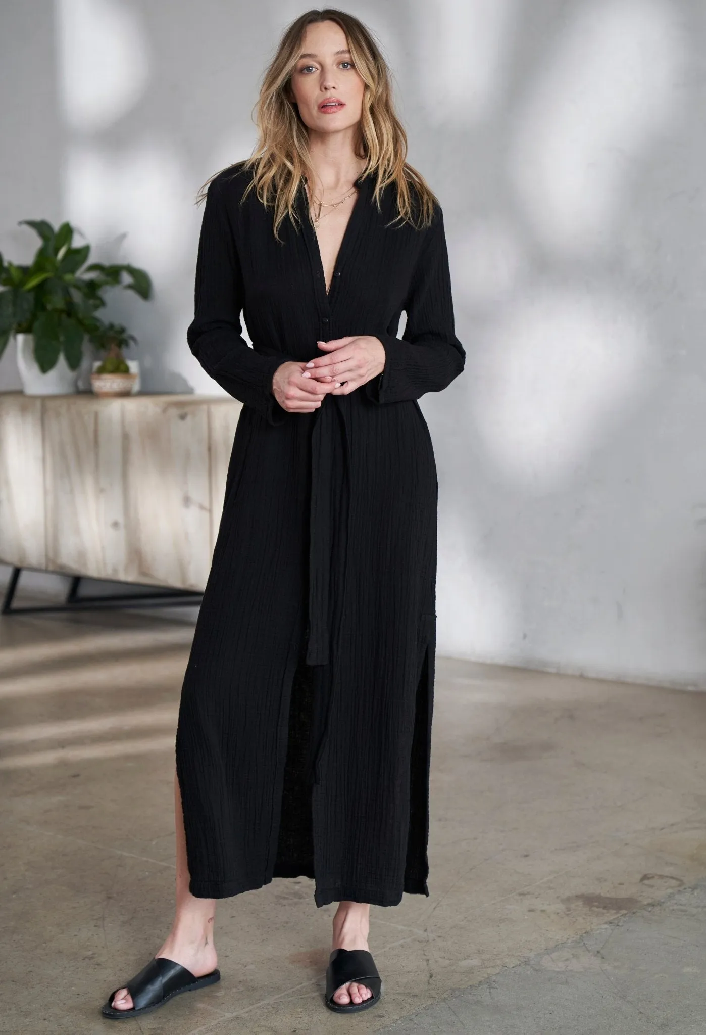 Black Button Front Belted Cotton Gauze Tunic Dress - Sale