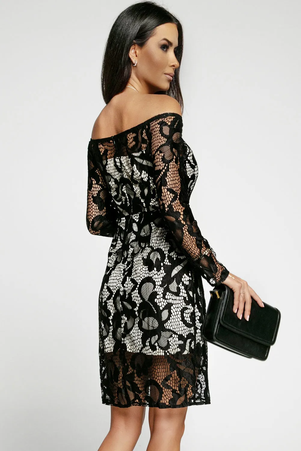 Black Floral Lace Off Shoulder Mini Dress