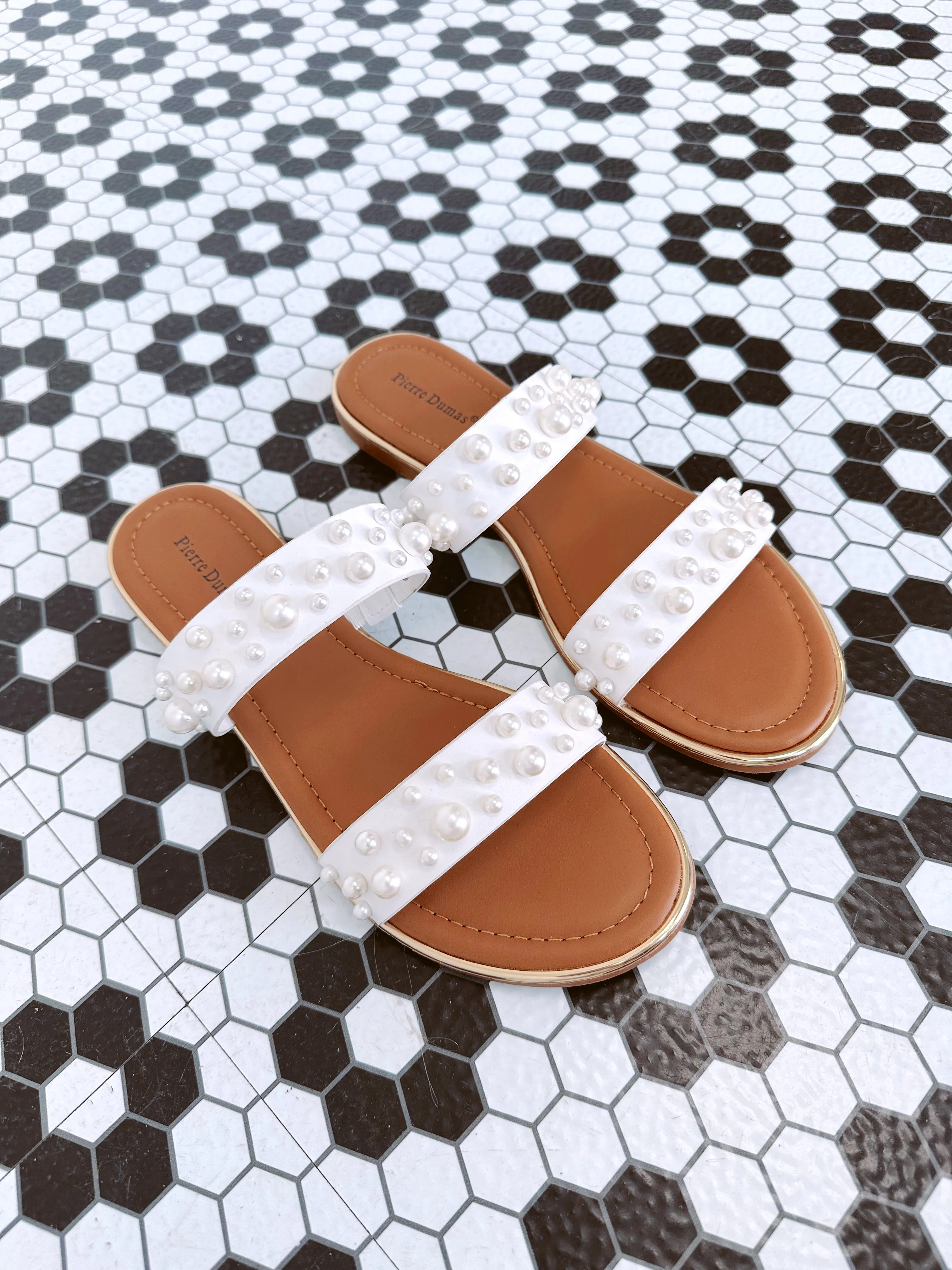 Bubble Beaded Two Band Slide Sandals- White