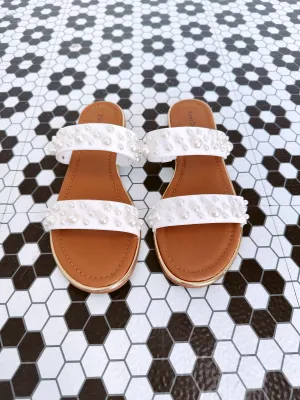 Bubble Beaded Two Band Slide Sandals- White