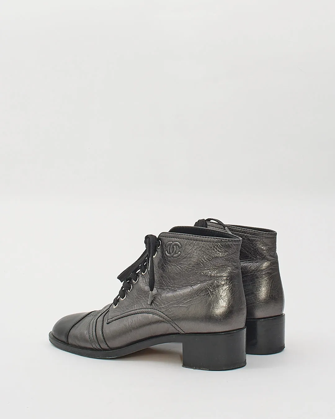 Chanel Black Metallic Leather Lace Boots - 41