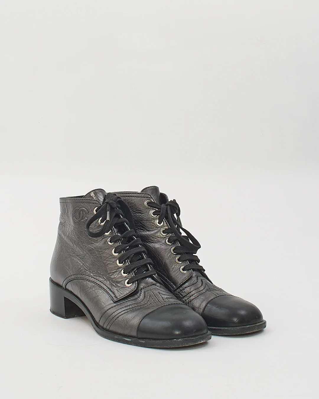 Chanel Black Metallic Leather Lace Boots - 41