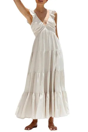Chouyatou Women's Summer Spaghetti Strap Maxi Dress Sexy V-Neck Shirred Tiered Tunic Beach Dress