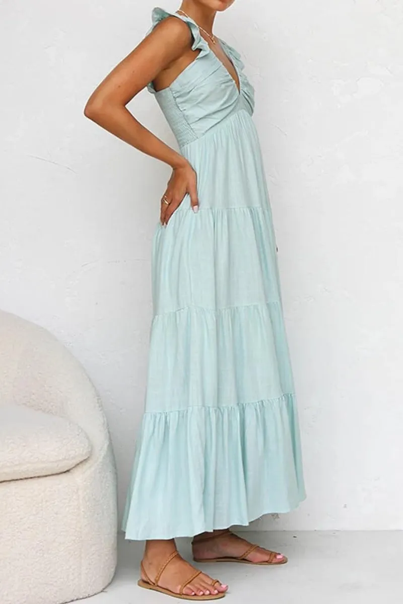 Chouyatou Women's Summer Spaghetti Strap Maxi Dress Sexy V-Neck Shirred Tiered Tunic Beach Dress