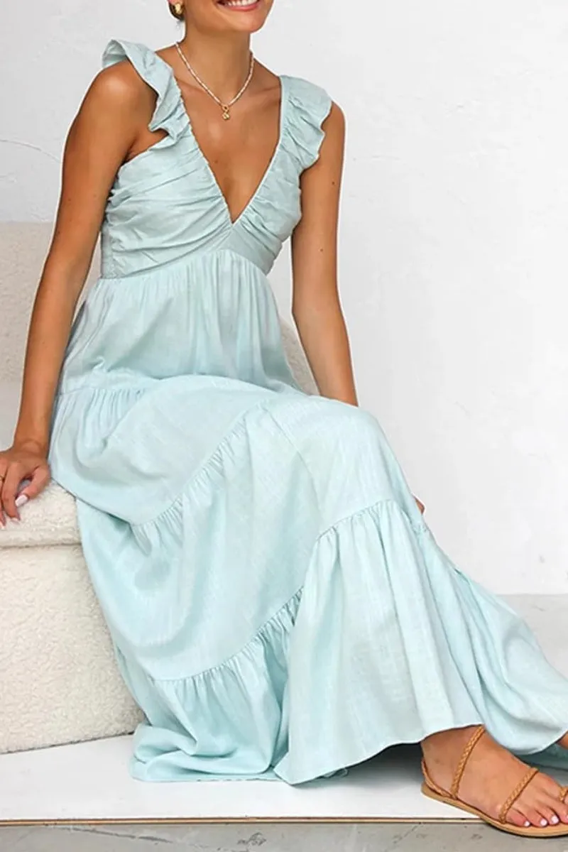 Chouyatou Women's Summer Spaghetti Strap Maxi Dress Sexy V-Neck Shirred Tiered Tunic Beach Dress