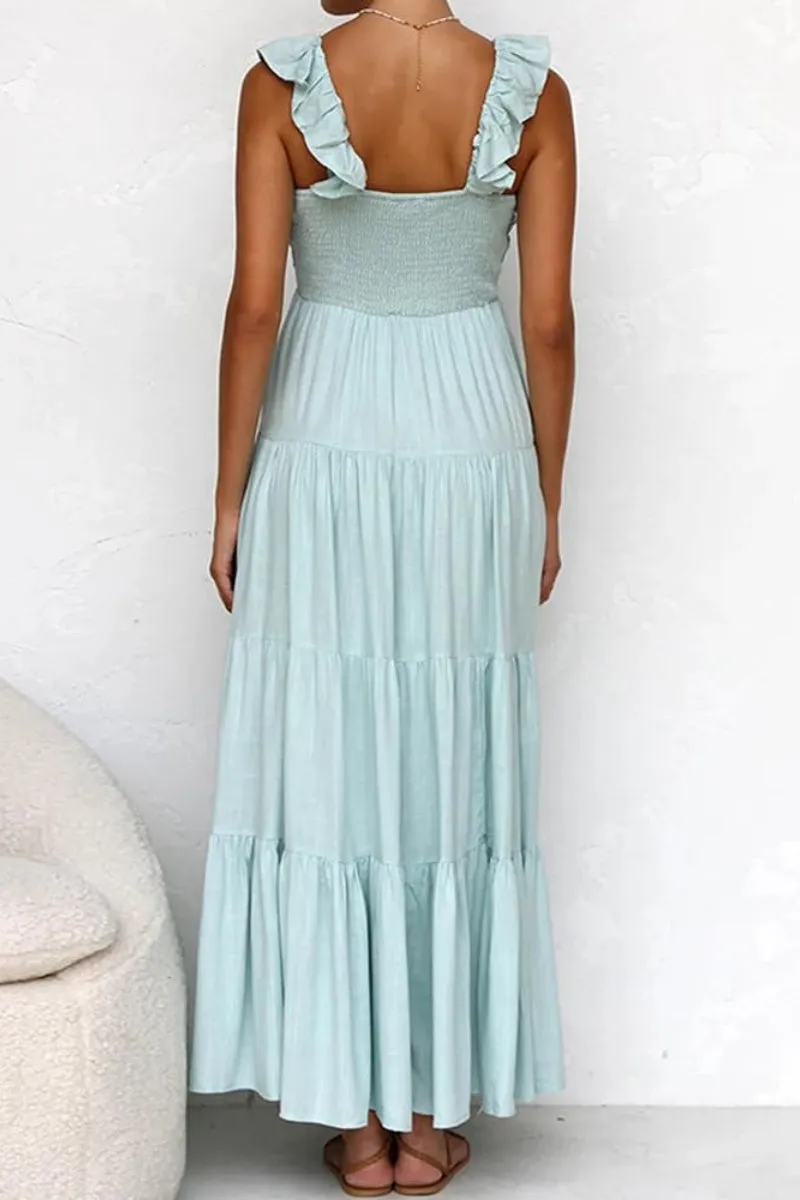 Chouyatou Women's Summer Spaghetti Strap Maxi Dress Sexy V-Neck Shirred Tiered Tunic Beach Dress