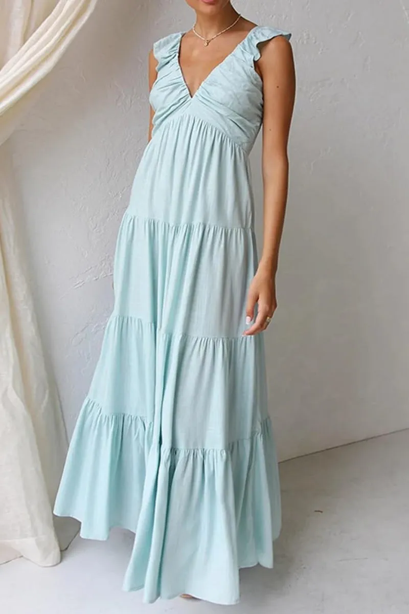 Chouyatou Women's Summer Spaghetti Strap Maxi Dress Sexy V-Neck Shirred Tiered Tunic Beach Dress