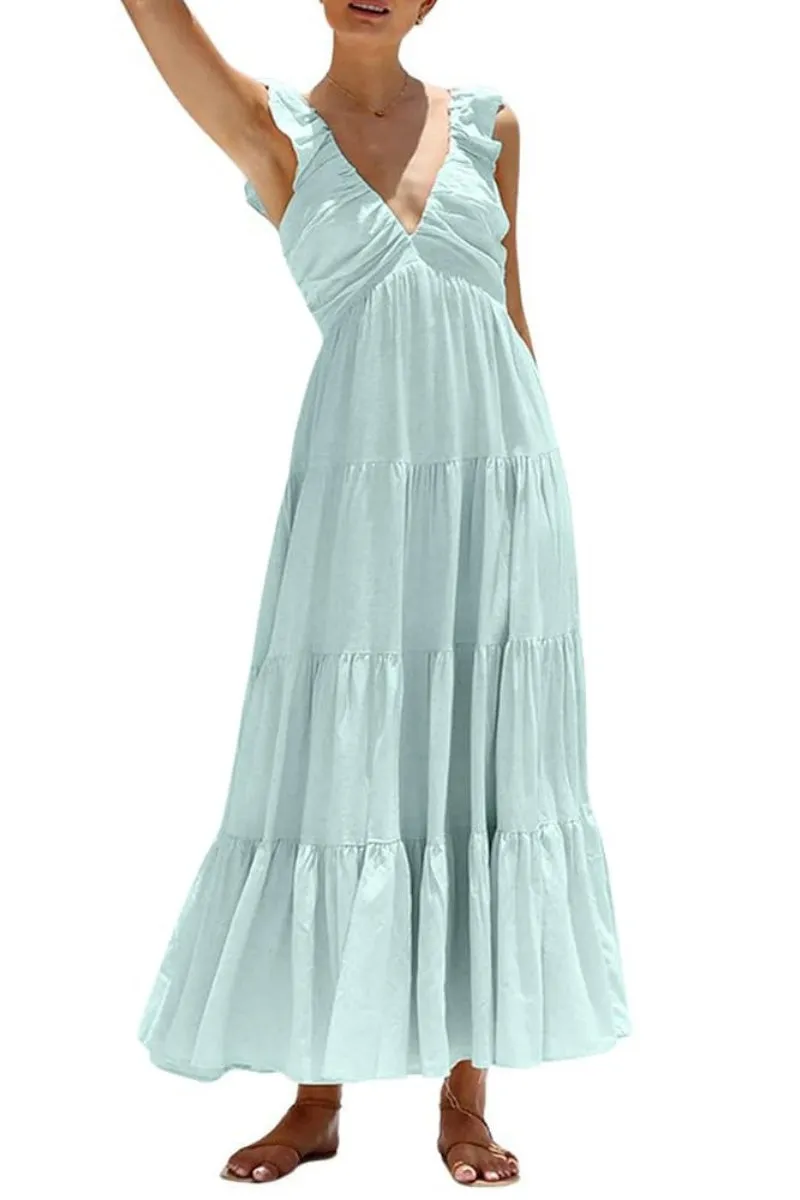 Chouyatou Women's Summer Spaghetti Strap Maxi Dress Sexy V-Neck Shirred Tiered Tunic Beach Dress
