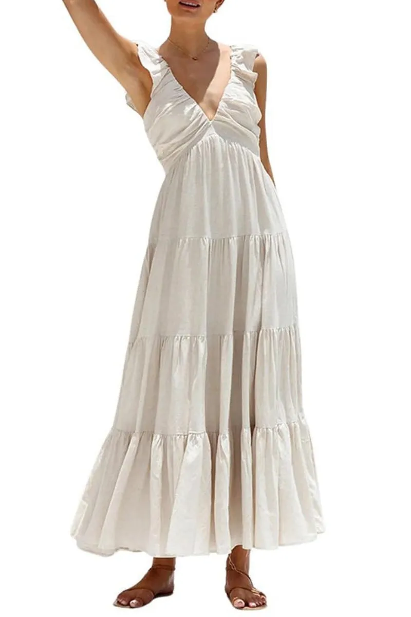 Chouyatou Women's Summer Spaghetti Strap Maxi Dress Sexy V-Neck Shirred Tiered Tunic Beach Dress