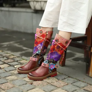 CrazycatZ Womens Leather Bohemian Knee High Boots Patterned Long Vintage Boots