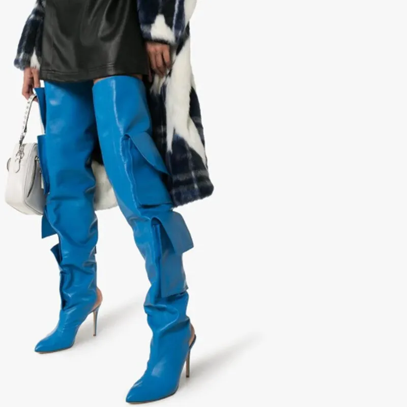 Dark Blue Leather Packet Designer Women Over Knee Boots