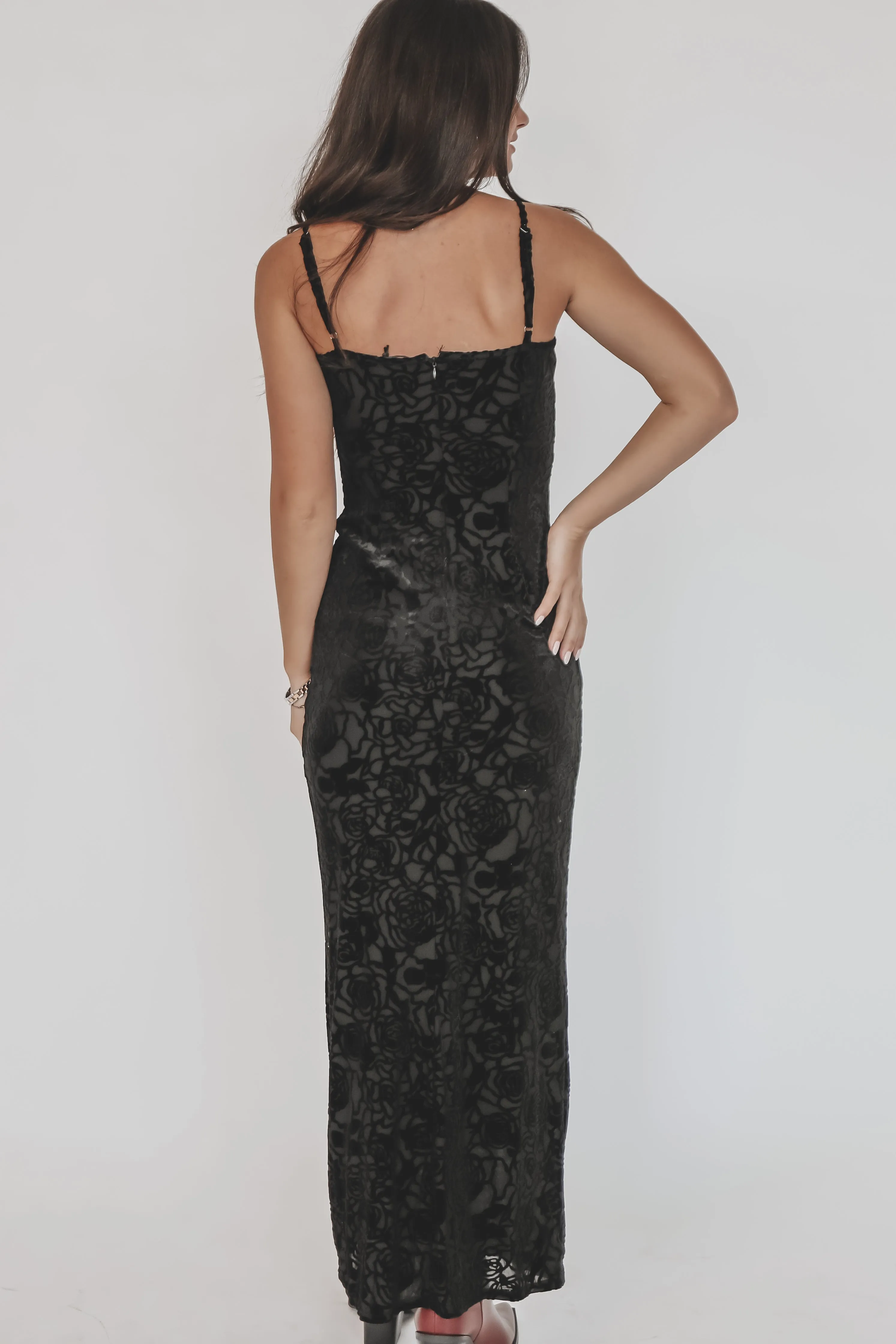 Dark Side Of The Flowers Velvet Cutout Mesh Black Floral Maxi Dress