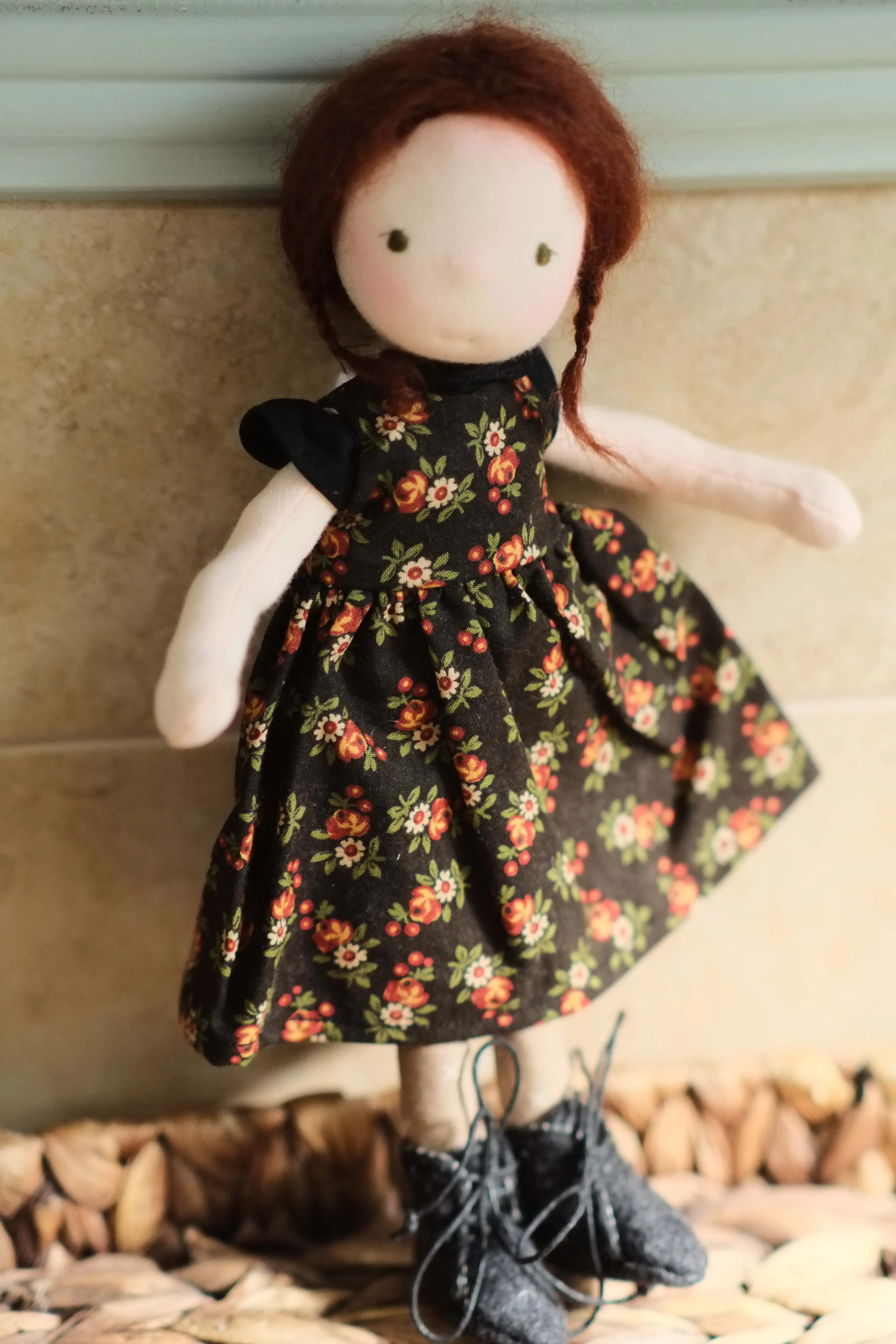 Doll Boots | Black Wool w/ White Floral