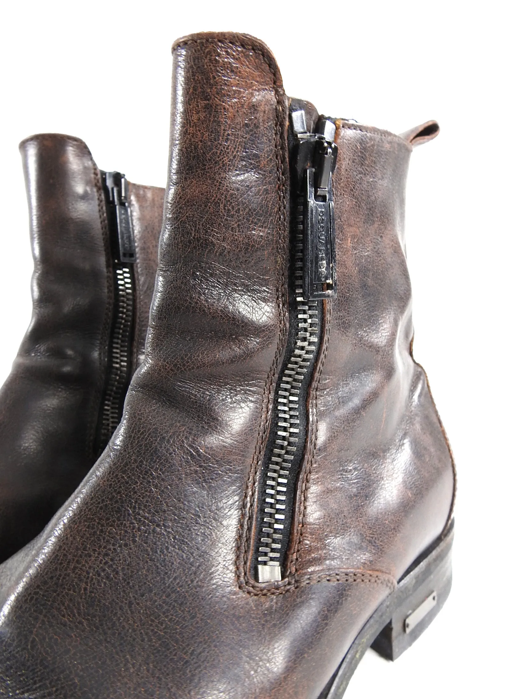 Dsquared Brown Distressed Leather Side Zip Ankle Boots - 10