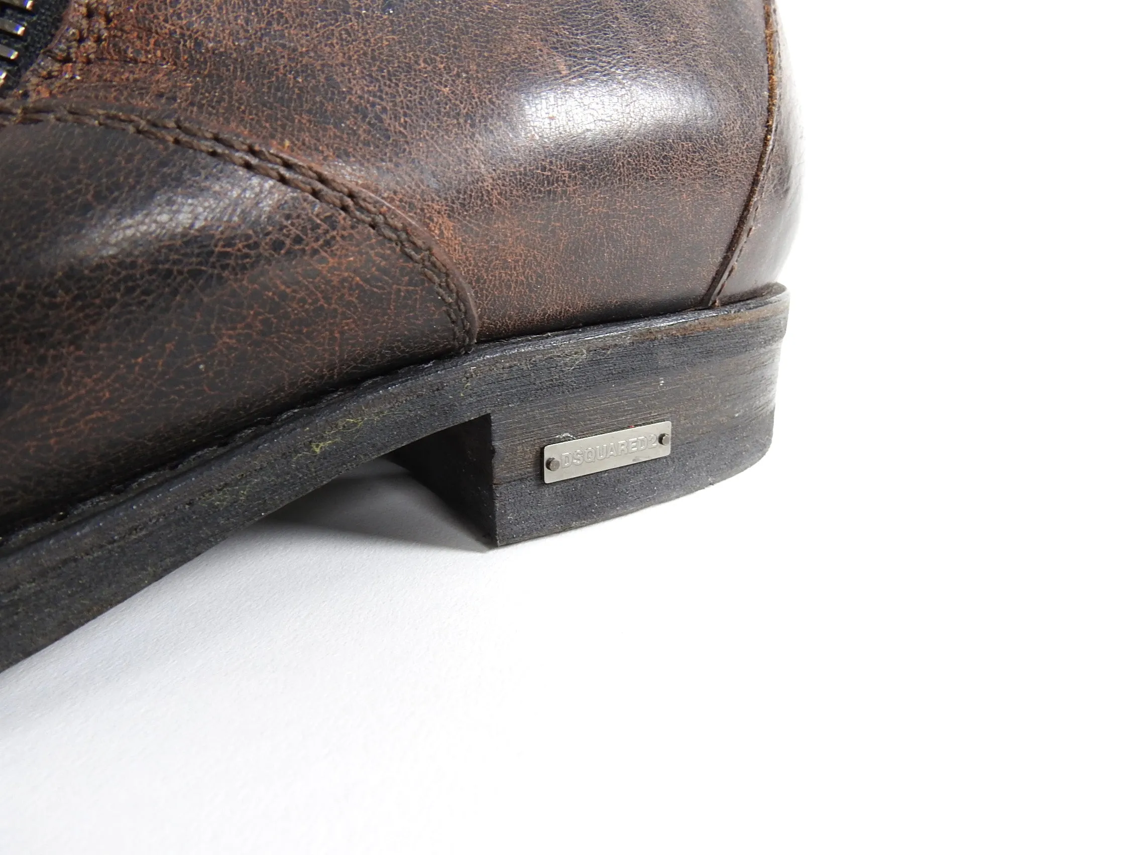 Dsquared Brown Distressed Leather Side Zip Ankle Boots - 10