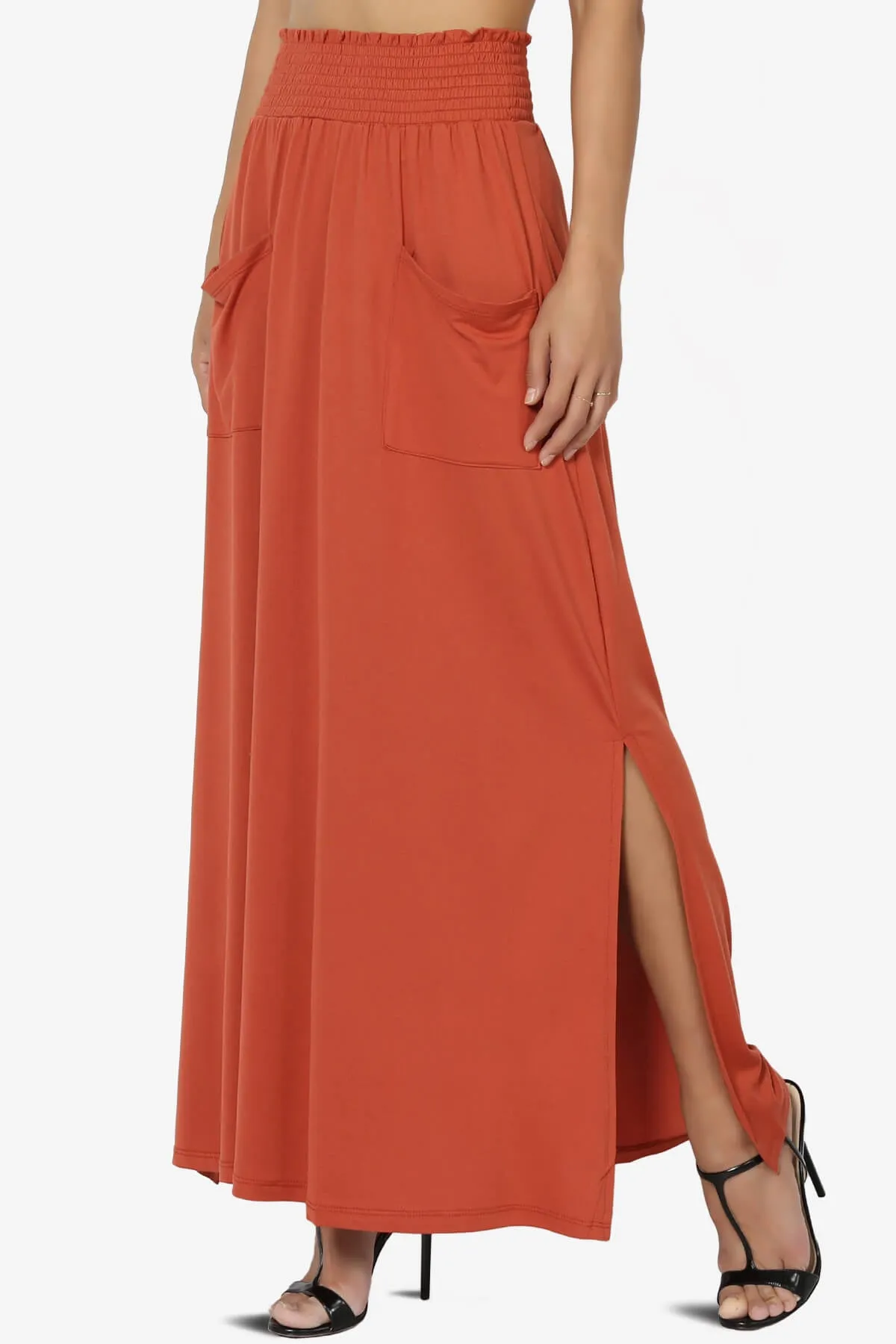 Farrie Smocked Waist Slit Maxi Skirt w Pocket
