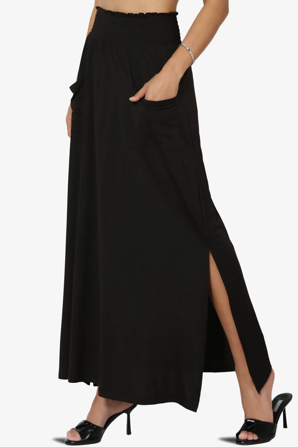 Farrie Smocked Waist Slit Maxi Skirt w Pocket