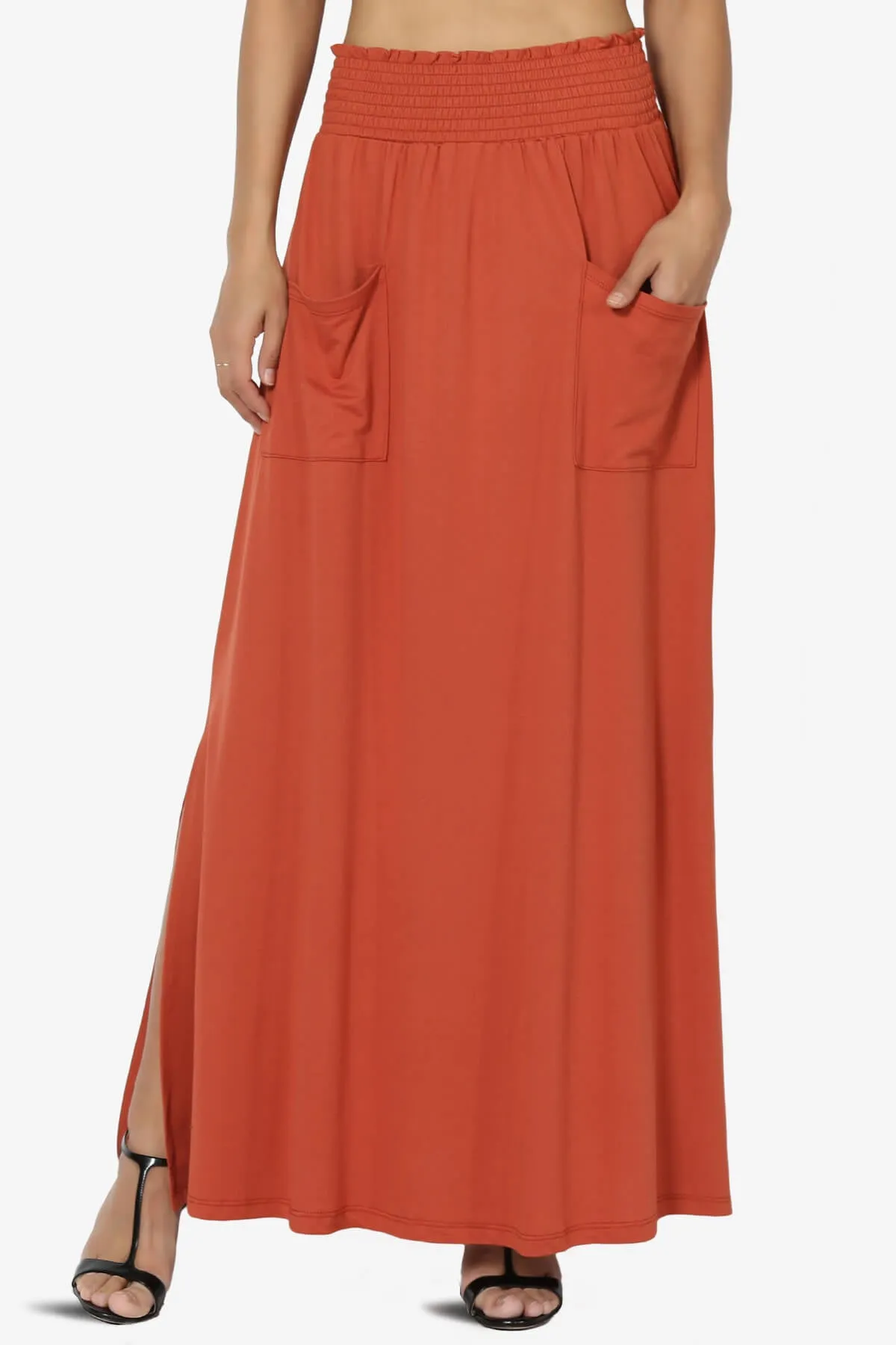 Farrie Smocked Waist Slit Maxi Skirt w Pocket