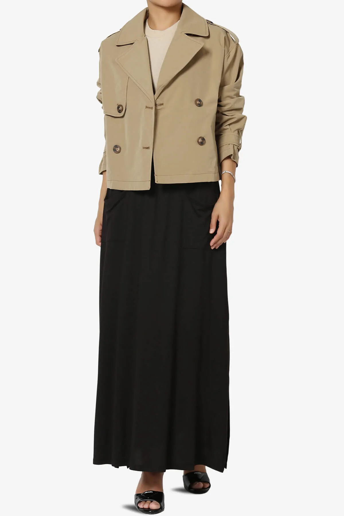 Farrie Smocked Waist Slit Maxi Skirt w Pocket