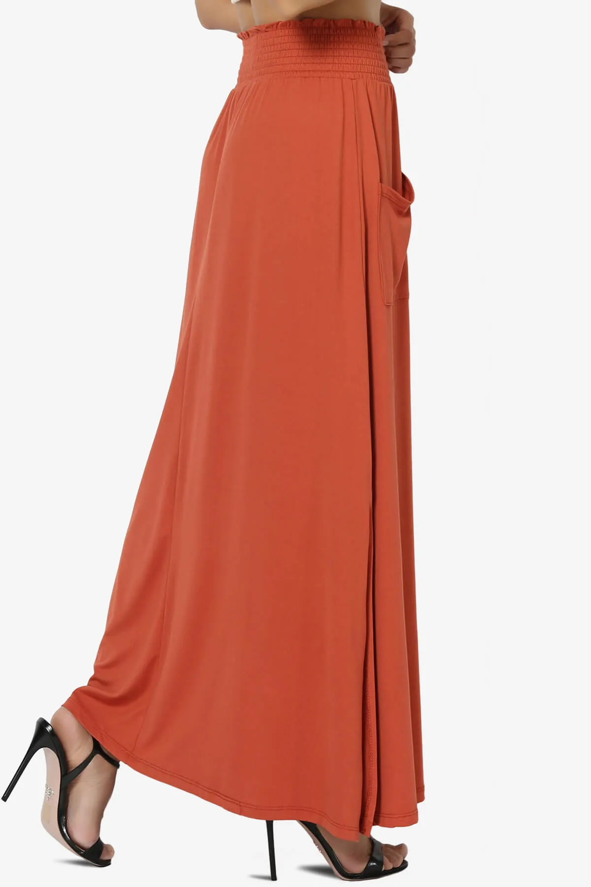 Farrie Smocked Waist Slit Maxi Skirt w Pocket