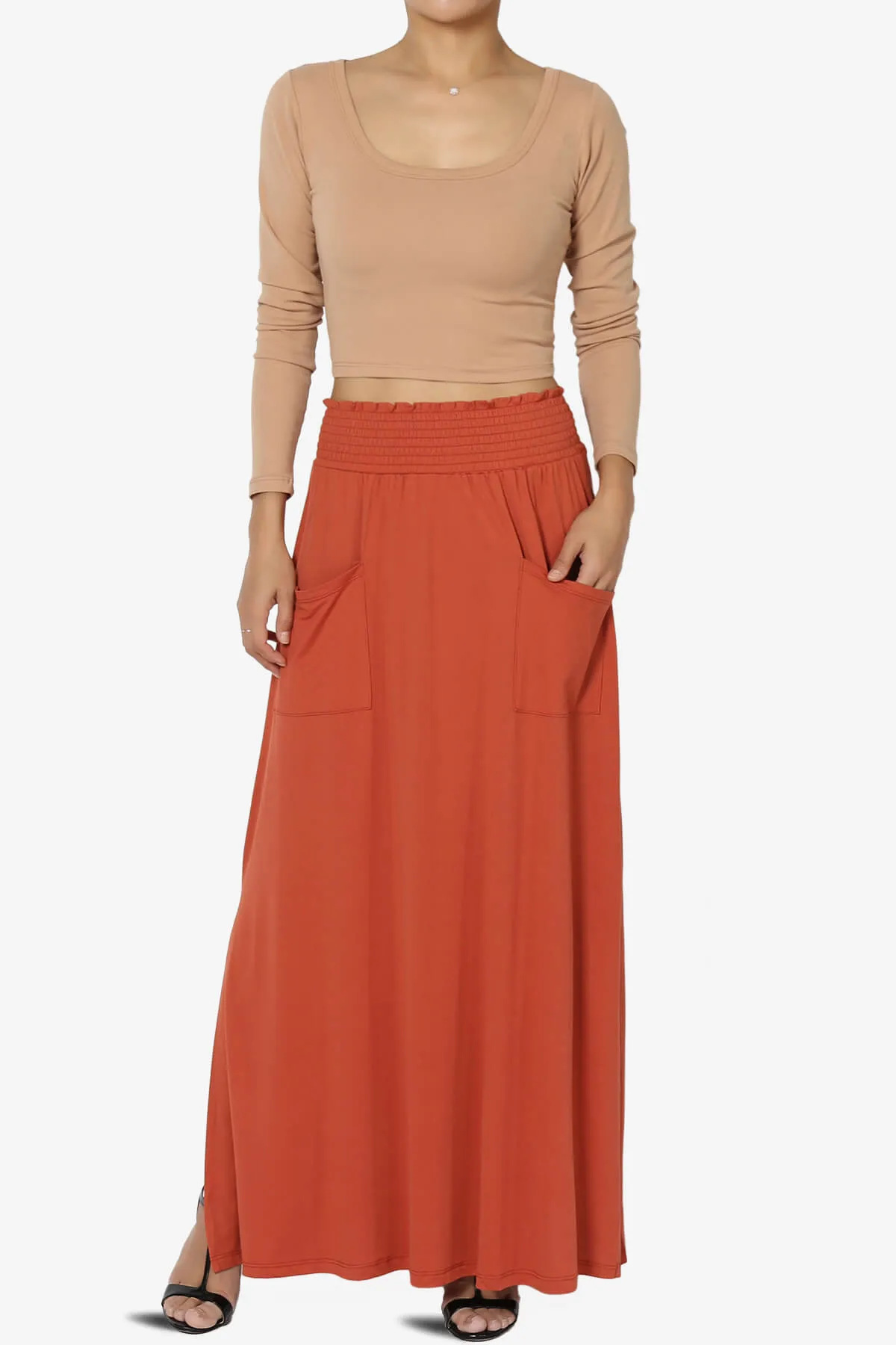 Farrie Smocked Waist Slit Maxi Skirt w Pocket
