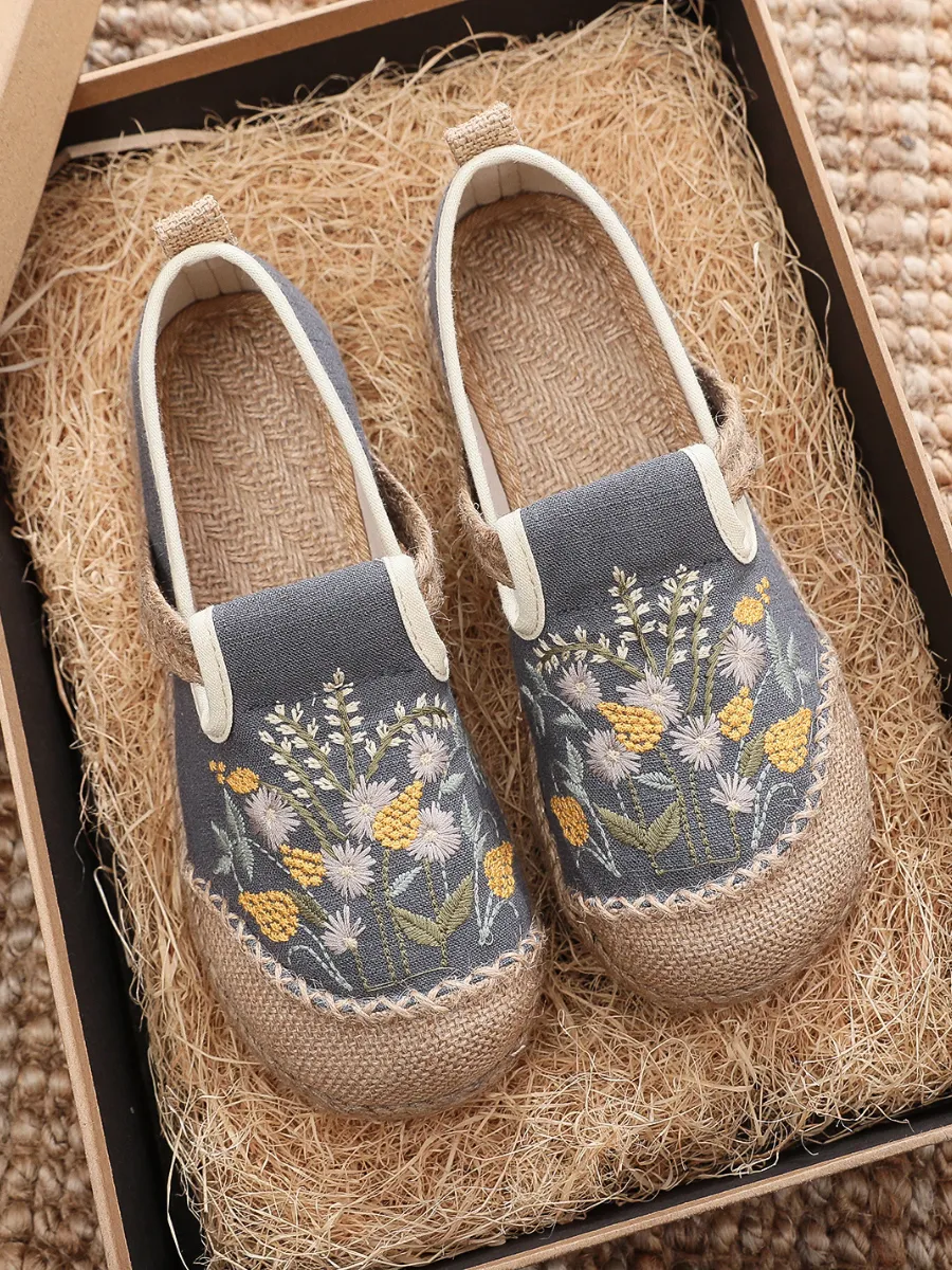 Field Corn Embroidered Linen Round Toe Espadrilles Loafers - Grey