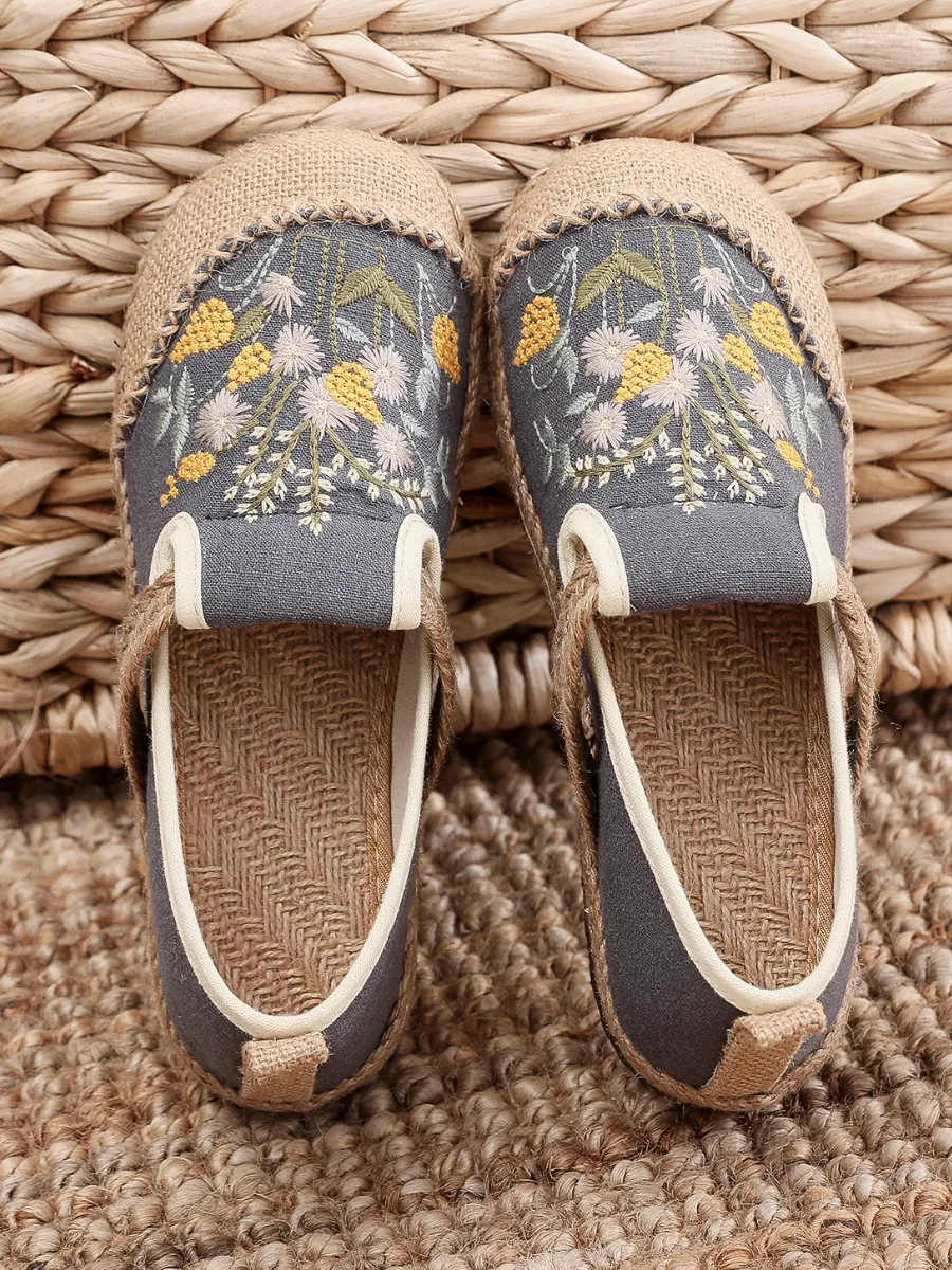 Field Corn Embroidered Linen Round Toe Espadrilles Loafers - Grey