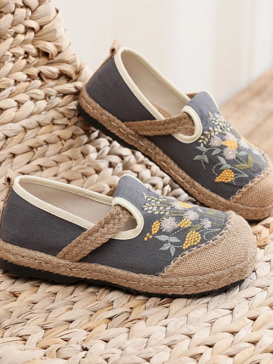 Field Corn Embroidered Linen Round Toe Espadrilles Loafers - Grey