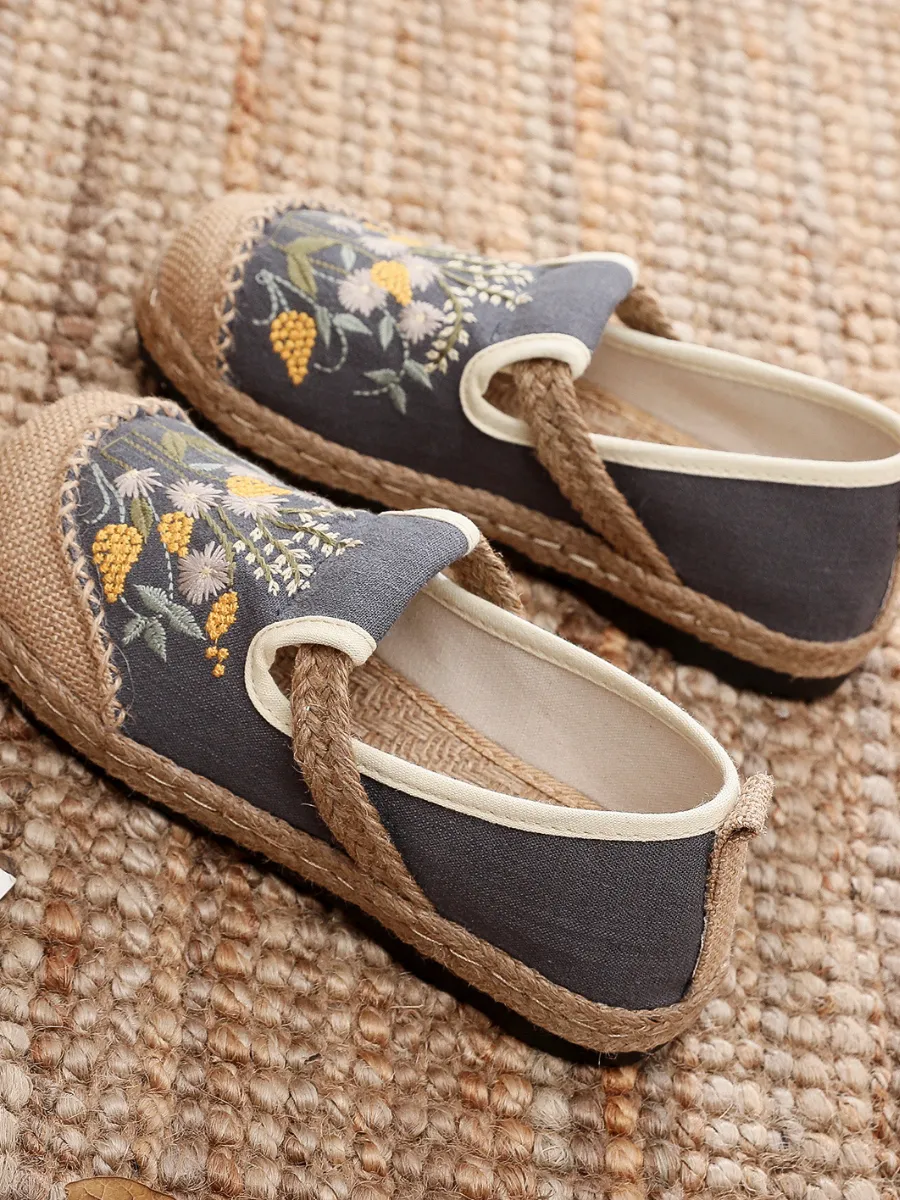 Field Corn Embroidered Linen Round Toe Espadrilles Loafers - Grey