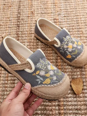 Field Corn Embroidered Linen Round Toe Espadrilles Loafers - Grey